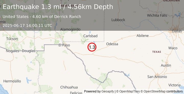 Earthquake 44 km NW of Toyah, Texas (1.3 ml) (2025-06-17 14:00:11 UTC)