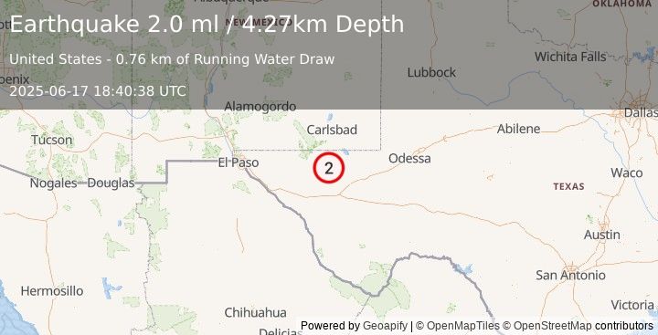 Earthquake 58 km S of Whites City, New Mexico (2.0 ml) (2025-06-17 18:40:38 UTC)