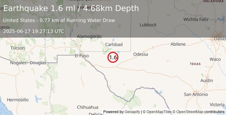 Earthquake 59 km S of Whites City, New Mexico (1.6 ml) (2025-06-17 19:27:13 UTC)