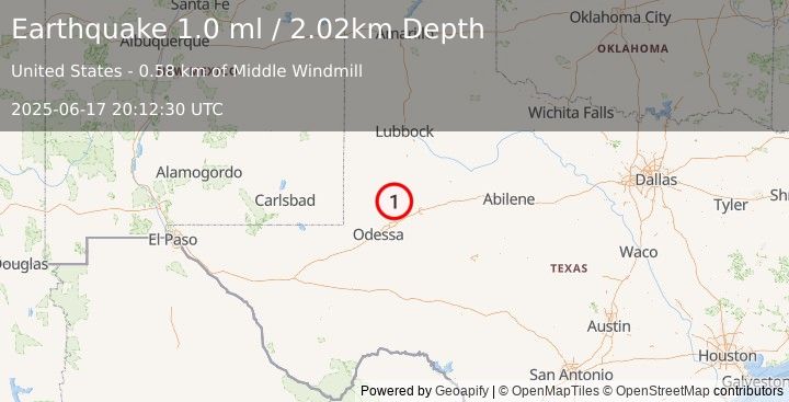 Earthquake 33 km WSW of Ackerly, Texas (1.0 ml) (2025-06-17 20:12:30 UTC)