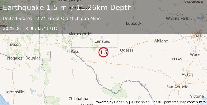 Earthquake 52 km W of Mentone, Texas (1.5 ml) (2025-06-18 00:02:41 UTC)