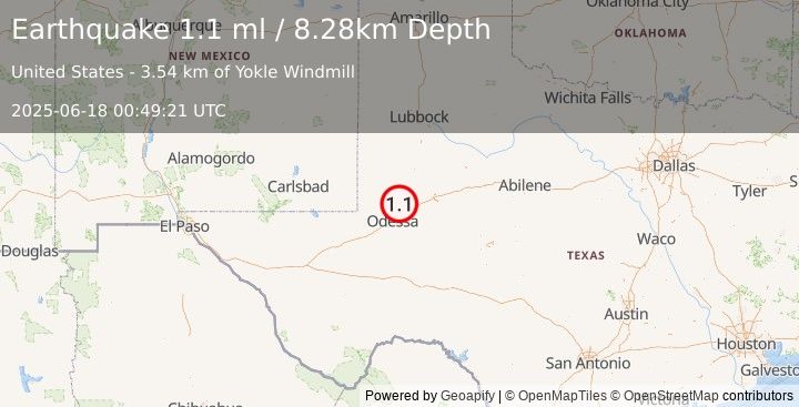 Earthquake 19 km NE of Gardendale, Texas (1.1 ml) (2025-06-18 00:49:21 UTC)