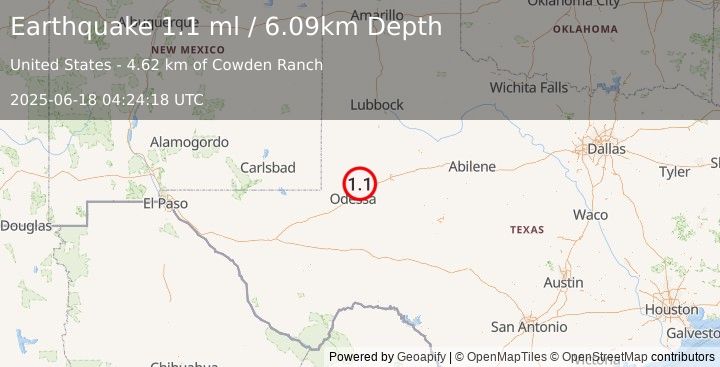 Earthquake 19 km NW of Midland, Texas (1.1 ml) (2025-06-18 04:24:18 UTC)