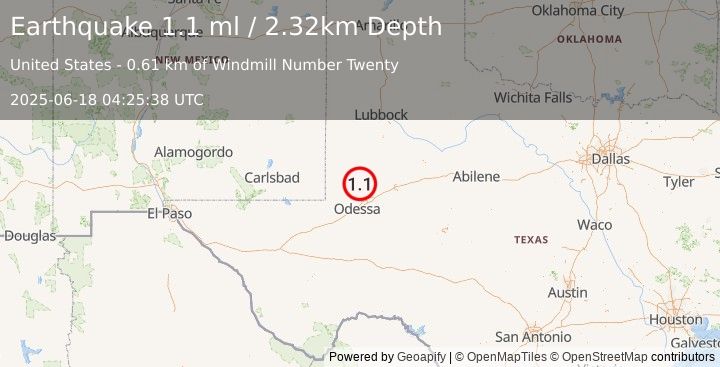 Earthquake 21 km E of McKinney Acres, Texas (1.1 ml) (2025-06-18 04:25:38 UTC)