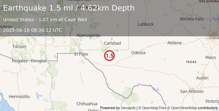 Earthquake 57 km S of Whites City, New Mexico (1.5 ml) (2025-06-18 08:36:12 UTC)