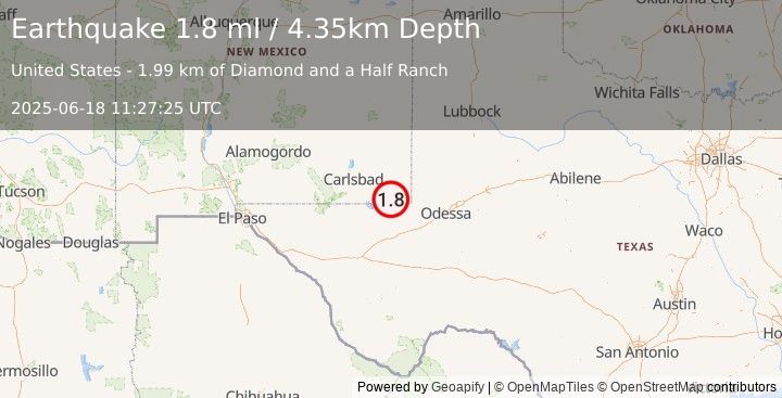 Earthquake 27 km W of Jal, New Mexico (1.8 ml) (2025-06-18 11:27:25 UTC)