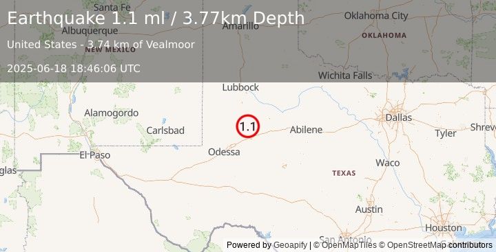 Earthquake 10 km E of Ackerly, Texas (1.1 ml) (2025-06-18 18:46:06 UTC)