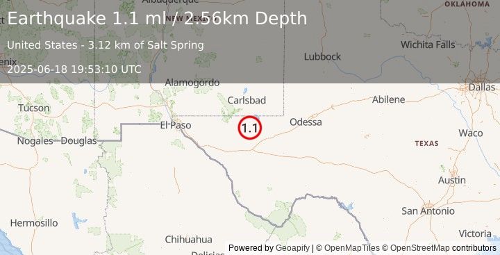 Earthquake 50 km W of Mentone, Texas (1.1 ml) (2025-06-18 19:53:10 UTC)