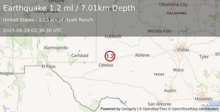 Earthquake 36 km WSW of Ackerly, Texas (1.2 ml) (2025-06-19 02:36:30 UTC)