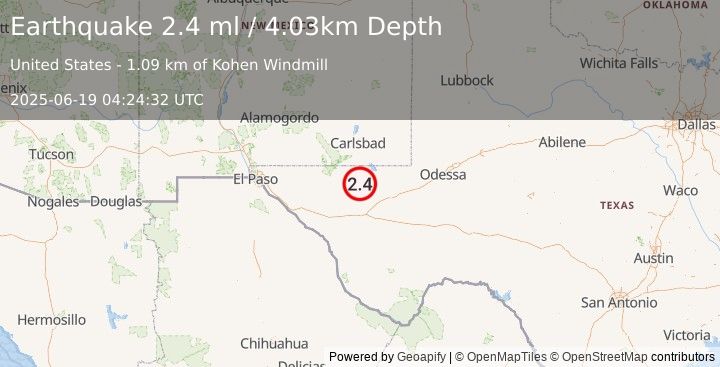 Earthquake 54 km NW of Toyah, Texas (2.4 ml) (2025-06-19 04:24:32 UTC)