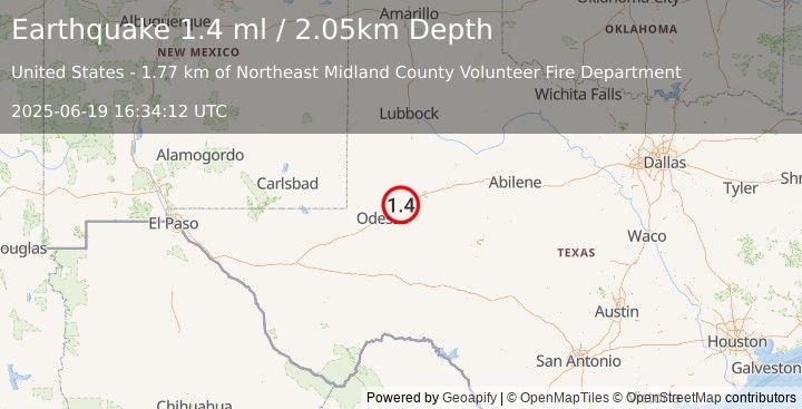 Earthquake 10 km NE of Midland, Texas (1.4 ml) (2025-06-19 16:34:12 UTC)