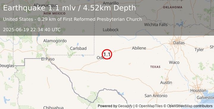 Earthquake 5 km NW of Midland, Texas (1.1 mlv) (2025-06-19 22:34:40 UTC)