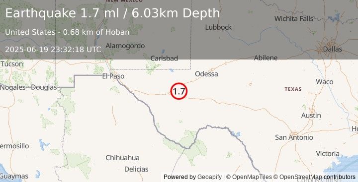 Earthquake 20 km SSW of Lindsay, Texas (1.7 ml) (2025-06-19 23:32:18 UTC)