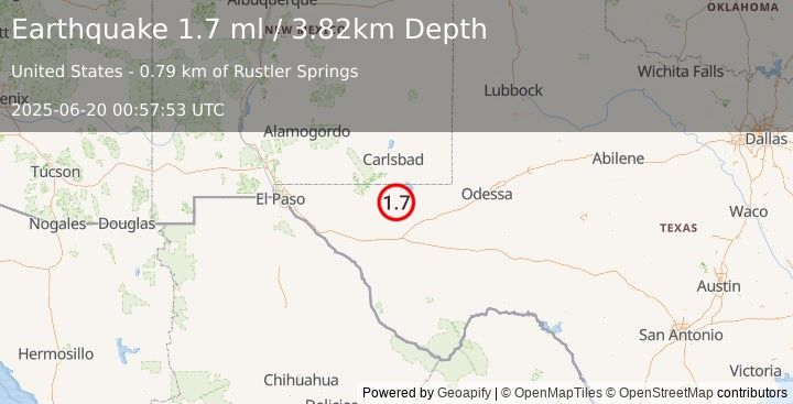 Earthquake 54 km W of Mentone, Texas (1.7 ml) (2025-06-20 00:57:53 UTC)