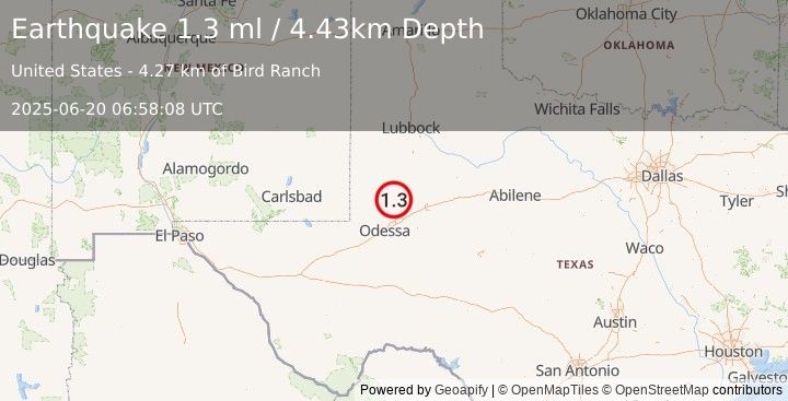 Earthquake 33 km E of McKinney Acres, Texas (1.3 ml) (2025-06-20 06:58:08 UTC)