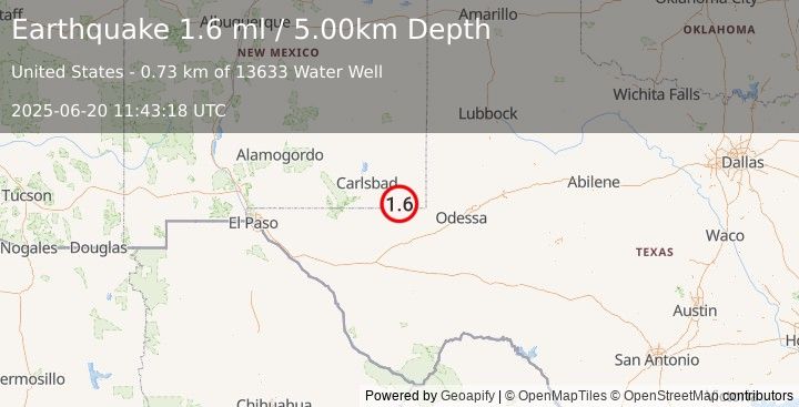 Earthquake 37 km W of Jal, New Mexico (1.6 ml) (2025-06-20 11:43:18 UTC)