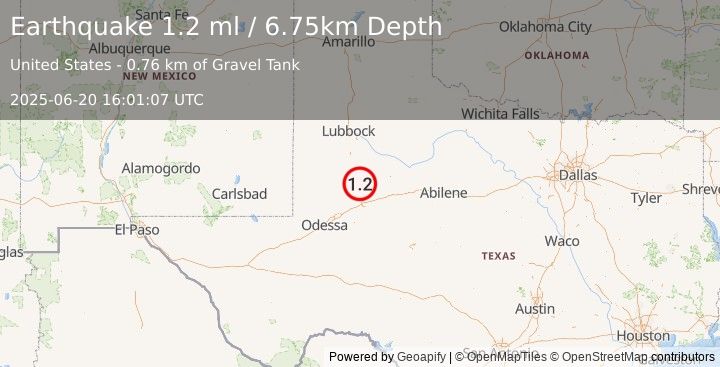 Earthquake 15 km NE of Ackerly, Texas (1.2 ml) (2025-06-20 16:01:07 UTC)