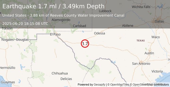 Earthquake 5 km NNE of Balmorhea, Texas (1.7 ml) (2025-06-20 18:15:08 UTC)
