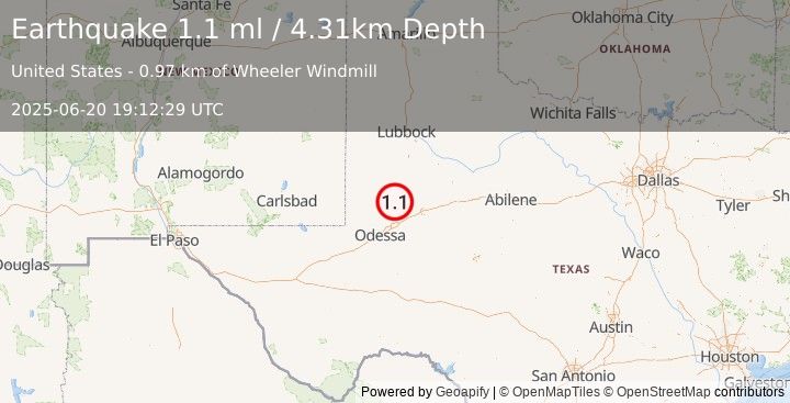 Earthquake 35 km WSW of Ackerly, Texas (1.1 ml) (2025-06-20 19:12:29 UTC)