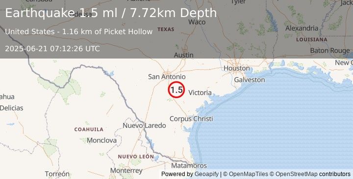 Earthquake 8 km SSW of Falls City, Texas (1.5 ml) (2025-06-21 07:12:26 UTC)
