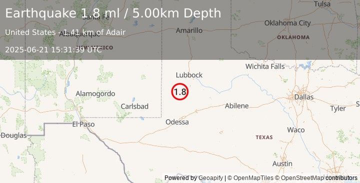 Earthquake 11 km WNW of Welch, Texas (1.8 ml) (2025-06-21 15:31:39 UTC)