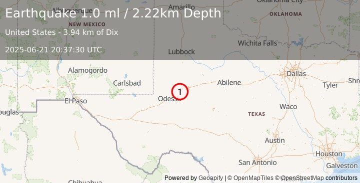 Earthquake 11 km WSW of Stanton, Texas (1.0 ml) (2025-06-21 20:37:30 UTC)