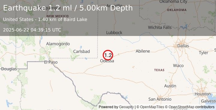 Earthquake 21 km NNE of Gardendale, Texas (1.2 ml) (2025-06-22 04:39:15 UTC)