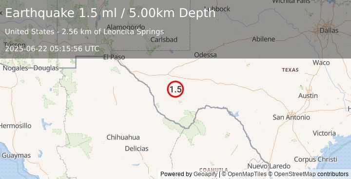 Earthquake 16 km NNW of Alpine, Texas (1.5 ml) (2025-06-22 05:15:56 UTC)