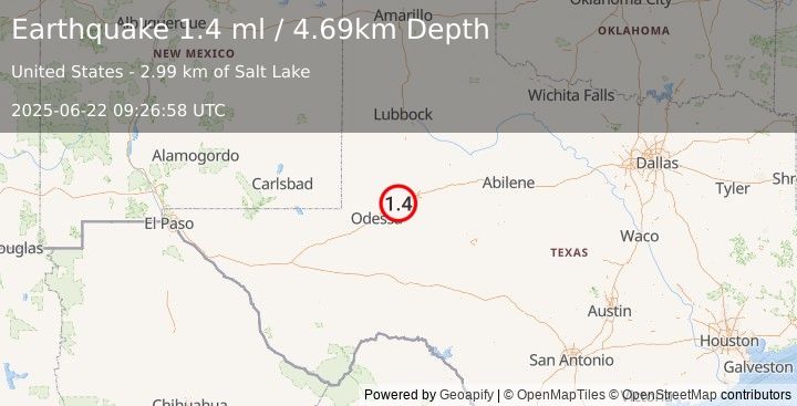 Earthquake 14 km WSW of Stanton, Texas (1.3 ml) (2025-06-22 09:26:59 UTC)