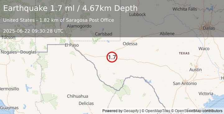Earthquake 11 km ENE of Balmorhea, Texas (1.7 ml) (2025-06-22 09:30:28 UTC)