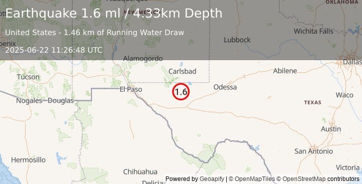 Earthquake 58 km S of Whites City, New Mexico (1.6 ml) (2025-06-22 11:26:48 UTC)