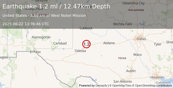 Earthquake 19 km SSW of Ackerly, Texas (1.2 ml) (2025-06-22 13:36:46 UTC)