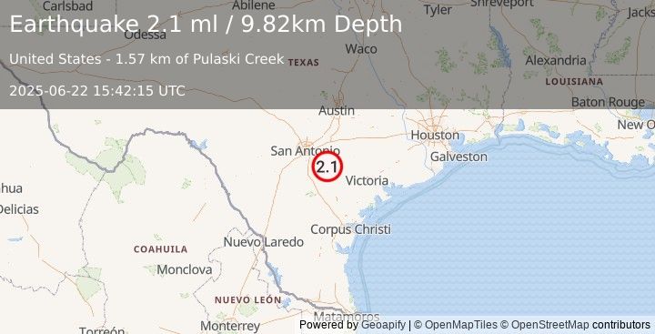 Earthquake 11 km E of Poth, Texas (2.1 ml) (2025-06-22 15:42:15 UTC)