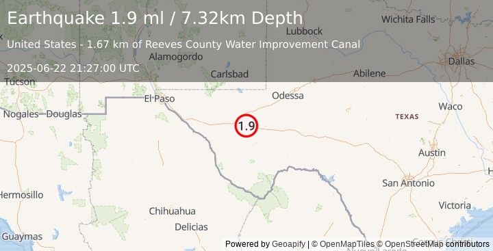 Earthquake 5 km NE of Balmorhea, Texas (1.9 ml) (2025-06-22 21:27:00 UTC)