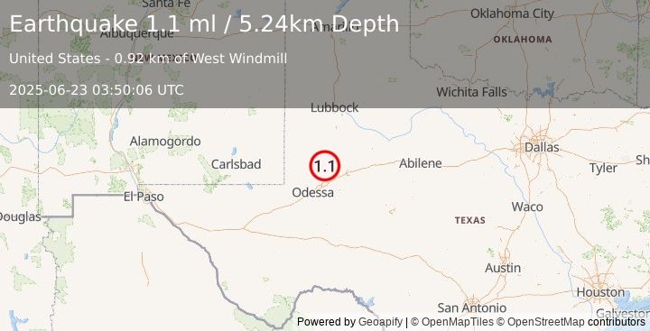 Earthquake 36 km WSW of Ackerly, Texas (1.1 ml) (2025-06-23 03:50:06 UTC)