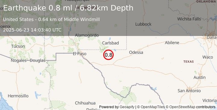 Earthquake 55 km S of Whites City, New Mexico (0.8 ml) (2025-06-23 14:03:40 UTC)