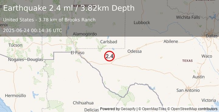 Earthquake 44 km NW of Toyah, Texas (2.4 ml) (2025-06-24 00:14:36 UTC)