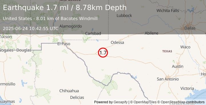 Earthquake 21 km SSE of Lindsay, Texas (1.7 ml) (2025-06-24 10:42:55 UTC)