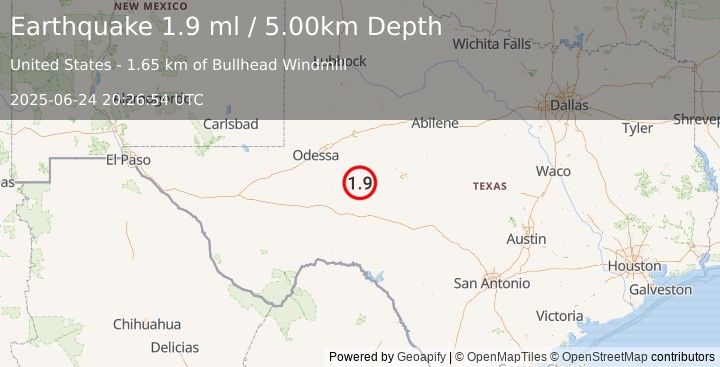 Earthquake 14 km NNE of Big Lake, Texas (1.9 ml) (2025-06-24 20:26:54 UTC)