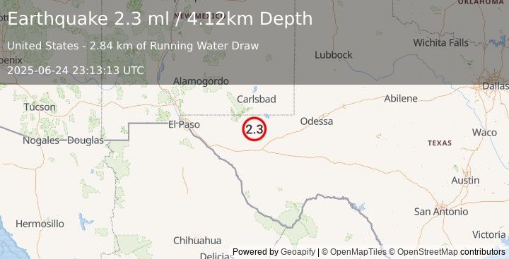 Earthquake 58 km NW of Toyah, Texas (2.3 ml) (2025-06-24 23:13:13 UTC)