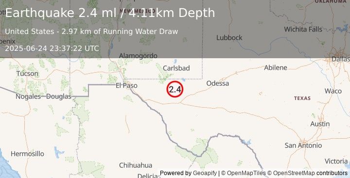Earthquake 58 km NW of Toyah, Texas (2.4 ml) (2025-06-24 23:37:22 UTC)