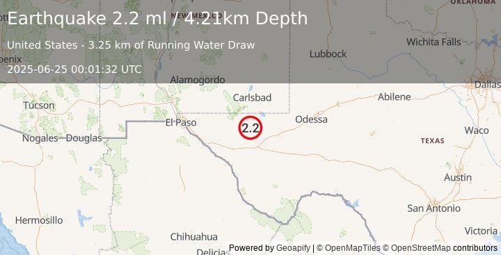 Earthquake 57 km NW of Toyah, Texas (2.2 ml) (2025-06-25 00:01:32 UTC)