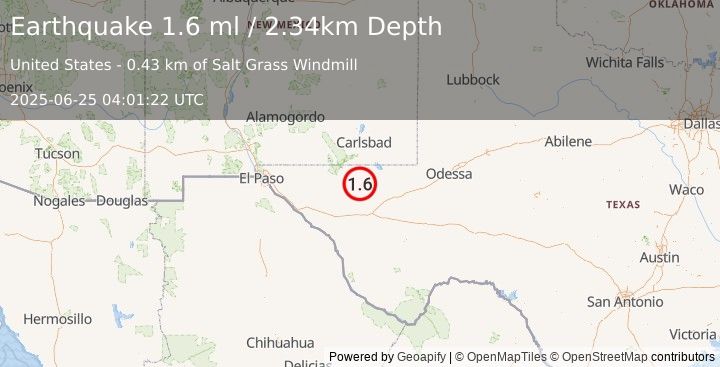 Earthquake 57 km S of Whites City, New Mexico (1.6 ml) (2025-06-25 04:01:22 UTC)