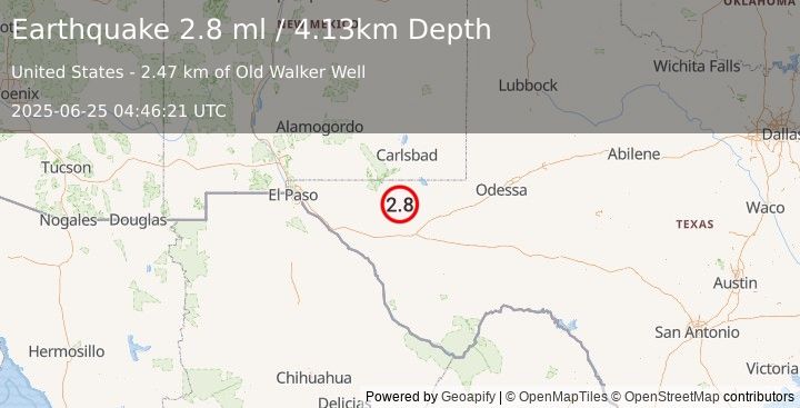 Earthquake 63 km WNW of Toyah, Texas (2.8 ml) (2025-06-25 04:46:21 UTC)