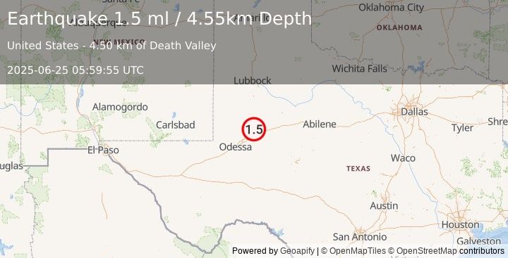 Earthquake 20 km N of Stanton, Texas (1.5 ml) (2025-06-25 05:59:55 UTC)
