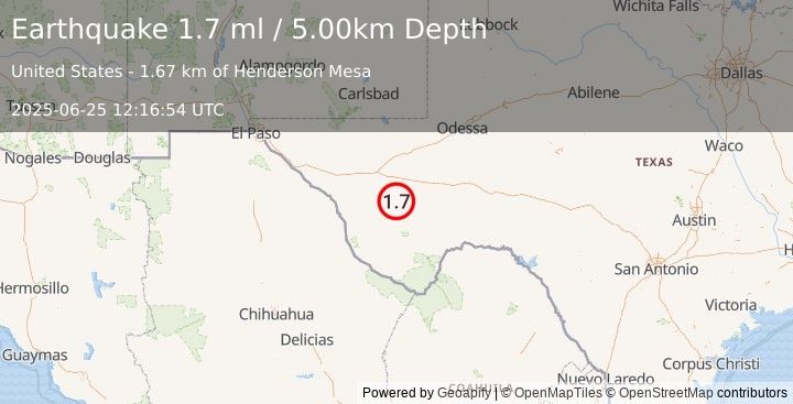 Earthquake 20 km E of Fort Davis, Texas (1.7 ml) (2025-06-25 12:16:54 UTC)