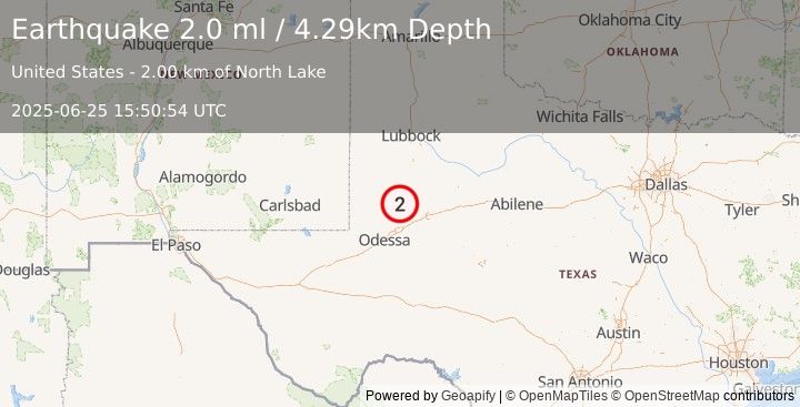 Earthquake 32 km SSW of Los Ybanez, Texas (2.0 ml) (2025-06-25 15:50:54 UTC)
