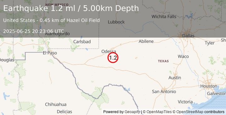Earthquake 28 km ENE of Crane, Texas (1.2 ml) (2025-06-25 20:23:06 UTC)