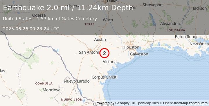 Earthquake 15 km SSE of Gonzales, Texas (1.9 ml) (2025-06-26 00:28:25 UTC)