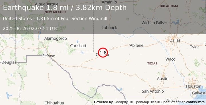 Earthquake 7 km SE of Gardendale, Texas (1.8 ml) (2025-06-26 02:07:51 UTC)